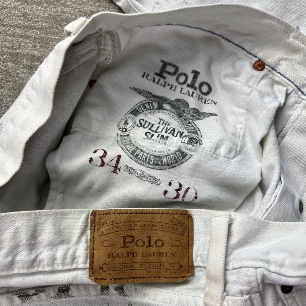 Polo Ralph Lauren Sullivan Slim Jeans Mens 34x30 White Graphic Graffiti Varsity - Picture 3 of 7